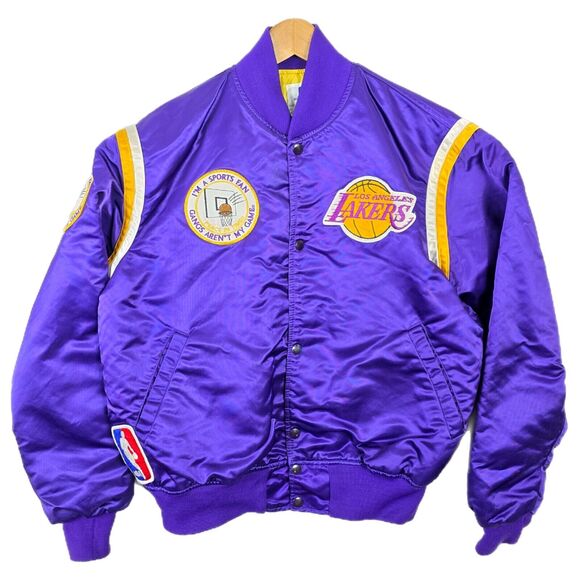 Vtg 80's Los Angeles Lakers Satin Starter Jacket Size Large W/ Anti-Gang Patches